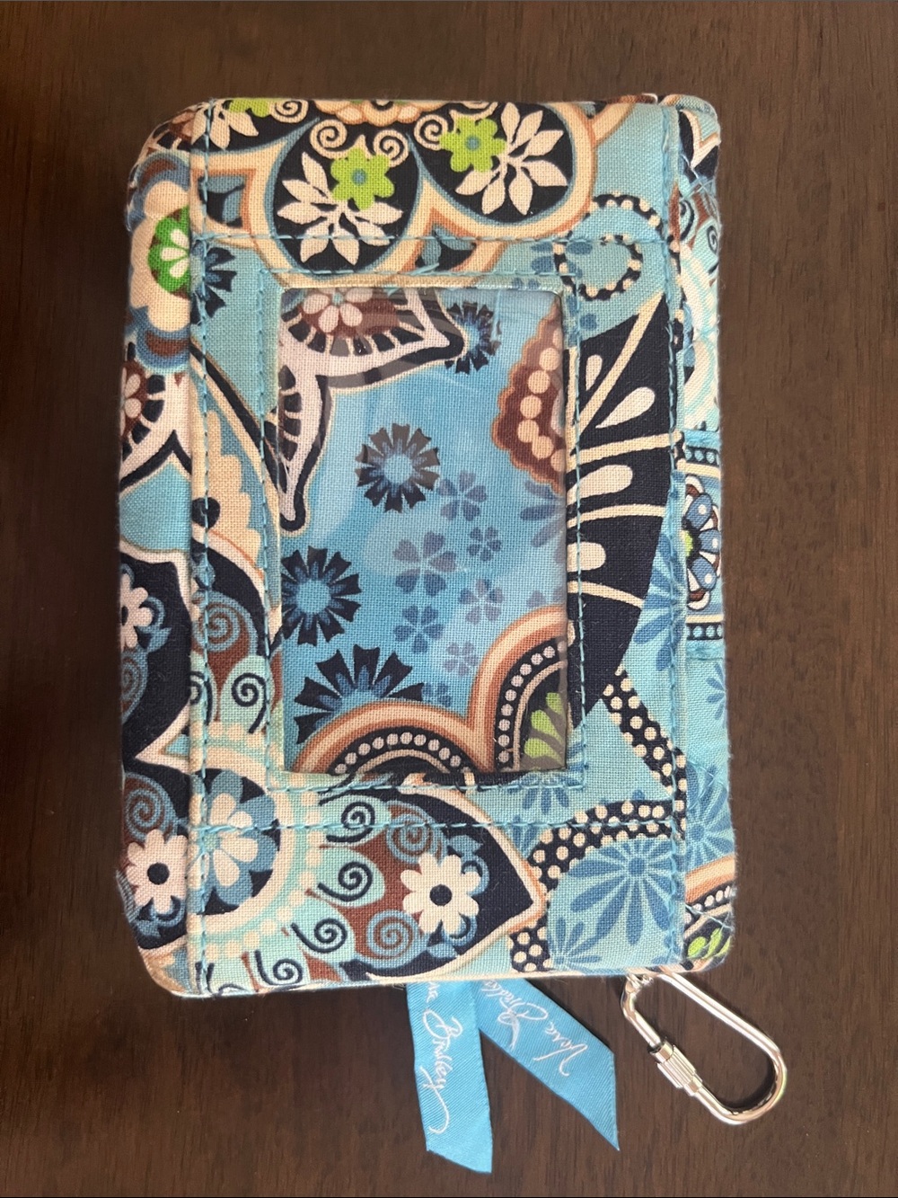 Vera Bradley Blue Floral Quilted ID Wallet with Lanyard Clip